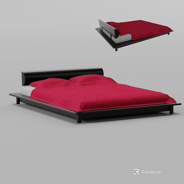 Modern Double Bed With Black Frame And Red Bedspread In Minimalist Design 3d model 
