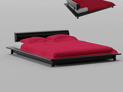 Modern Double Bed With Black Frame And Red Bedspread In Minimalist Design 3d model