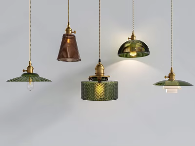 Variety of Vintage Hanging Pendant Lights With Glass And Woven Shades And Brass Fixtures 3d model