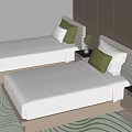 Modern Single Bed Bedroom Interior With White Bedding Green Pillows Nightstand Lamp And Wavy Rug