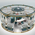 Silver Jewelry Store Circular Booth With Blue Counters Golden Frames And Glass Displays