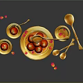 Golden Utensils Display With Red Tomatoes And Petals On Black Surface