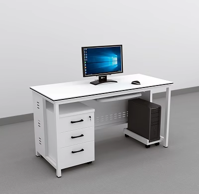 Home Office Computer Desk With White Desktop Storage Drawers Monitor Mouse And PC Tower 3d model