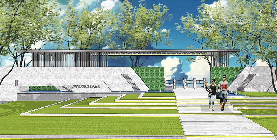 Modern Building Exterior with LANFORD GARDENS Lettering Surrounded by Greenery Pedestrians and Blue Sky 3d model 