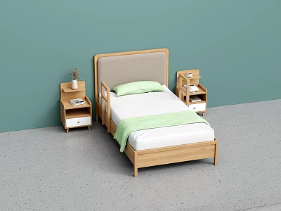 Single Bed With Wooden Frame Light Brown Upholstered Headboard And Nightstands With Plant And Book 3d model