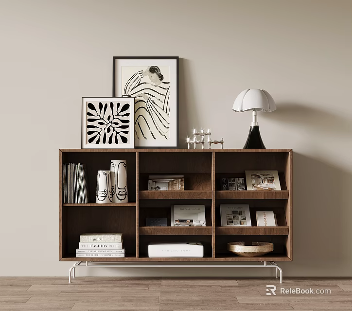 Walnut Console Cabinet With Open Storage Shelves Photo Frames Table Lamp And Wall Art 3d model 
