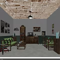 Vintage Living Room With Newspaper Ceiling Green Sofa Wooden Furniture Old Radio And Bicycle Decoration