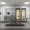 Practical Commercial Kitchen Interior With Stainless Steel Worktables Range Hood Shelves And Fresh Ingredients