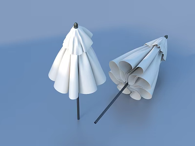 Two White Umbrellas with Pleated Canopies and Black Handles on Blue Background 3d model