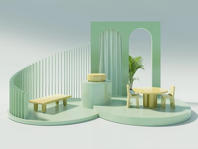 Light Green Display Cabinet with Curved White Slats Cylindrical Platform Small Table Chairs Green Plant 3d model
