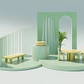 Light Green Display Cabinet with Curved White Slats Cylindrical Platform Small Table Chairs Green Plant