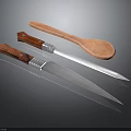 Kitchen Utensils Set With Wooden Handles Metal Accents Sharp Blades And Spoon