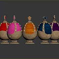Woman Showcasing Vibrant Decorative Eggs With Gold Trims On Dark Surface