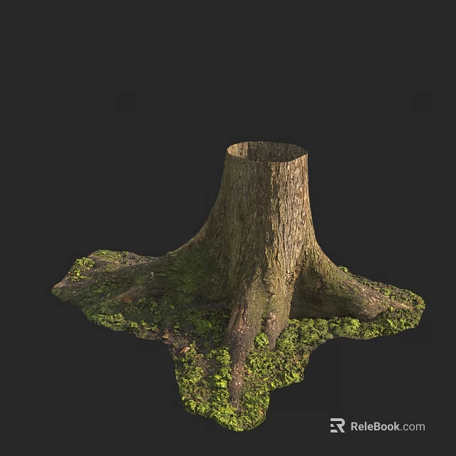 Natural Wooden Tree Stump With Thick Roots And Lush Mossy Green Plants On Dark Background 3d model 