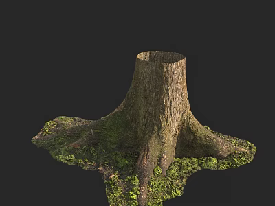 Natural Wooden Tree Stump With Thick Roots And Lush Mossy Green Plants On Dark Background 3d model
