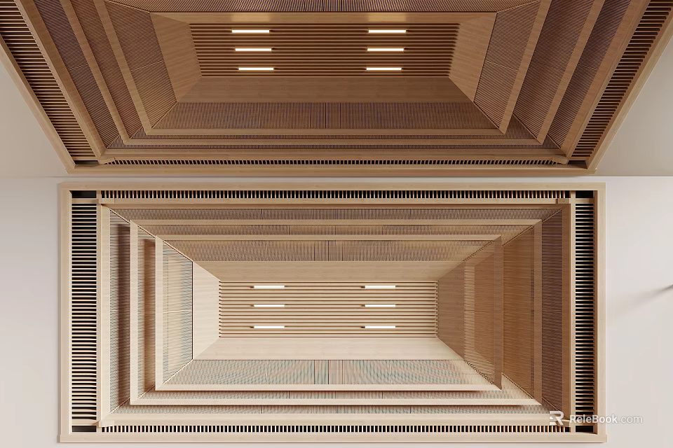 Wooden Layered Ceiling Design With Recessed Lights And Modern Style 3d model 