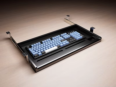 Mechanical Keyboard With Blue Keycaps Metal Frame And Ergonomic Design On Wooden Desk 3d model