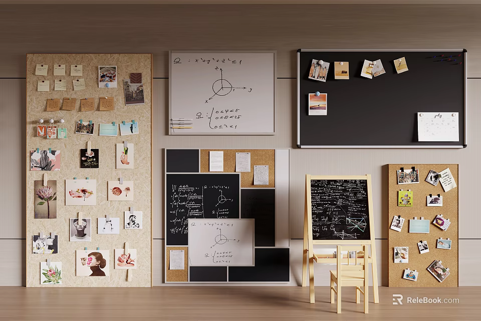 Photo Wall Display With Corkboard Whiteboard Chalkboard Photos Handwritten Notes And Decor 3d model 