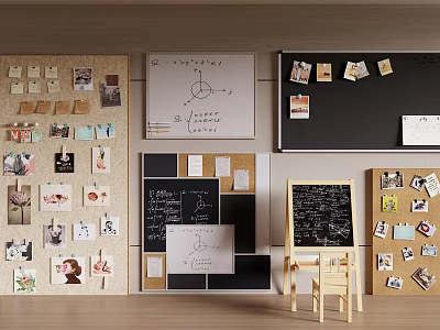 Photo Wall Display With Corkboard Whiteboard Chalkboard Photos Handwritten Notes And Decor 3d model