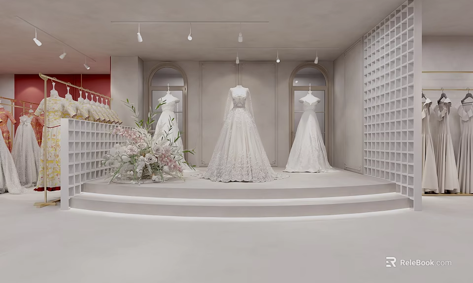 Elegant Bridal Shop Interior With Wedding Dresses On Tiered Platform And Floral Decor 3d model 