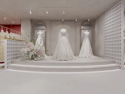 Elegant Bridal Shop Interior With Wedding Dresses On Tiered Platform And Floral Decor 3d model