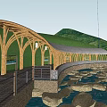 Outdoor Wooden Pergola With Arched Design White Canopy Surrounded By Trees And Stream Walkway