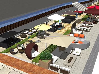 Outdoor Sofa Setup In Modern Patio With Umbrella Green Plants And Coffee Tables 3d model