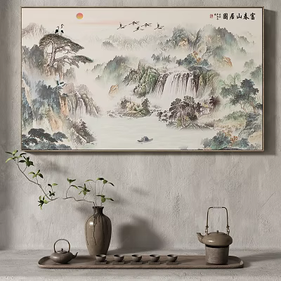 Traditional Chinese Landscape Painting With Mountains Waterfall And Boat In Interior 3d model