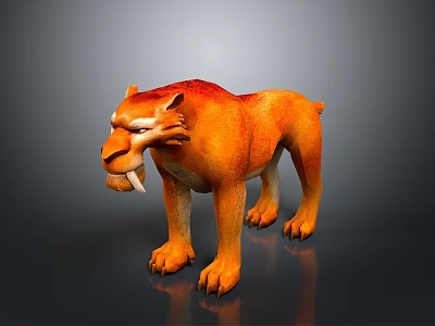 Saber-toothed Tiger 3D Model With Orange Red Long Saber Teeth Standing On Dark Background 3d model