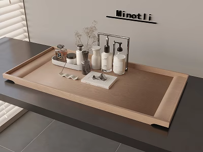 Modern Wooden Tray Holding Daily Living Essentials Skincare Bottles And Small Box On Countertop 3d model