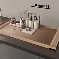 Modern Wooden Tray Holding Daily Living Essentials Skincare Bottles And Small Box On Countertop