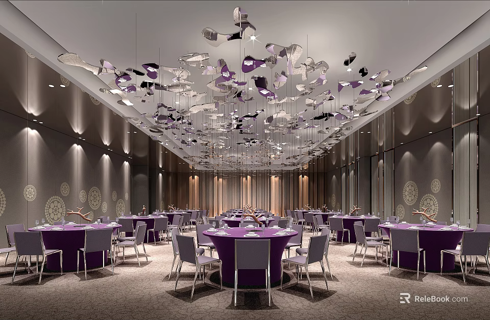 Elegant Banquet Hall With Purple Tablecloths Gray Chairs And Decorative Chandelier 3d model 