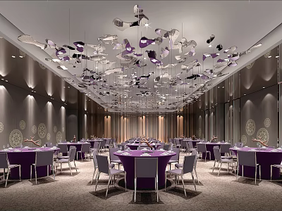 Elegant Banquet Hall With Purple Tablecloths Gray Chairs And Decorative Chandelier 3d model
