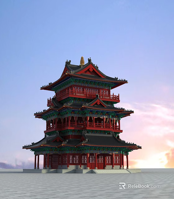 Traditional Chinese Ancient Tower with Multi Story Red Balconies Green Roofs Golden Decorations Sunset Sky 3d model 