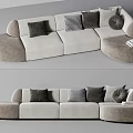 Modern Beige Sectional Sofa Featuring Multiple Patterned Cushions Round Pillow And Book 3d model