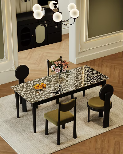 Elegant Dining Table Set With Decorative Pattern Top Black Green Chairs Flower Vase And Fruits 3d model