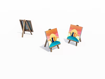 Three Wooden Easels Display Colorful Paintings With Scenic Backdrops And Artistic Details 3d model