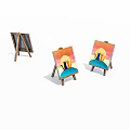 Three Wooden Easels Display Colorful Paintings With Scenic Backdrops And Artistic Details