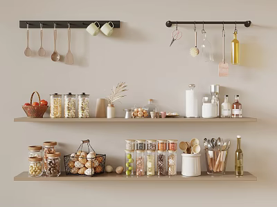 Organized Kitchen Shelves With Hanging Rod For Food Jars Grains Spices And Mushrooms 3d model