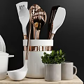Modern White Kitchenware Display With Pots Bowls Copper Holders And Green Plants On Shelves