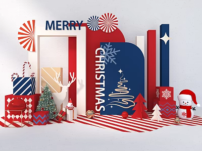 Festive Christmas Photo Check-in Spot With Red and White Decorations Gift Boxes Tree Snowman 3d model