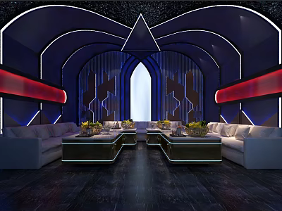 Modern KTV Interior With Arch Design Blue Red LED Lights And Comfortable Sofas 3d model