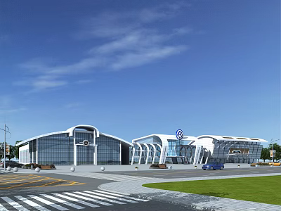 4S Dealership Modern Exterior Design With Glass Facade Brand Logo And Parking Area 3d model