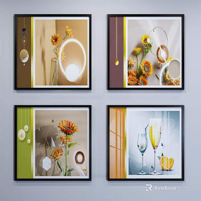 Set of Colorful Botanical Paintings With Sunflowers Vases And Decorative Elements 3d model 