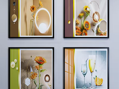 Set of Colorful Botanical Paintings With Sunflowers Vases And Decorative Elements 3d model