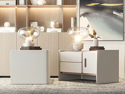 Modern Stylish Bedside Tables With Glass Lamps Decorative Books And Small Plants 3d model