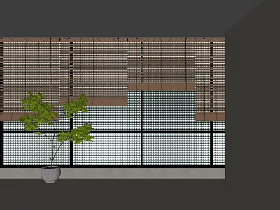 Wooden Window Blinds Interior Featuring Grid Window And Green Plant 3d model