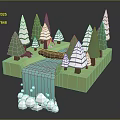 Natural Landscape With Green Platform Snowy Pine Trees Blue River Wooden Bridge And Waterfall Foam