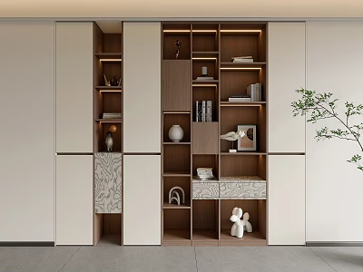 Modern Bookcase Design With Shelves And Cabinet Storage Decorative Vases Sculptures And Books 3d model