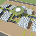 Modern Architectural Complex Featuring Circular Green Roof Rectangular Building Modules And Yellow Road Markings 3d model